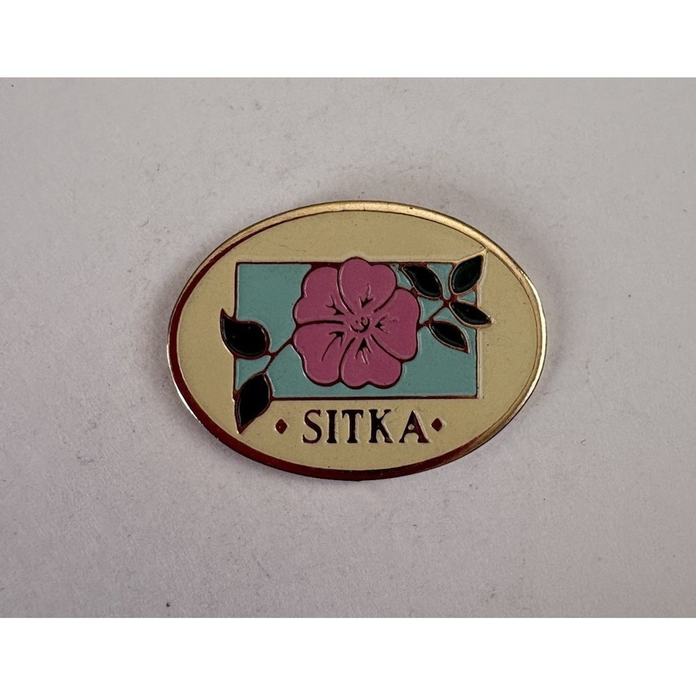 Sitka Alaska Flower Enamel Lapel Pin Pinback Brooch Pink Teal Gold Tone Souvenir